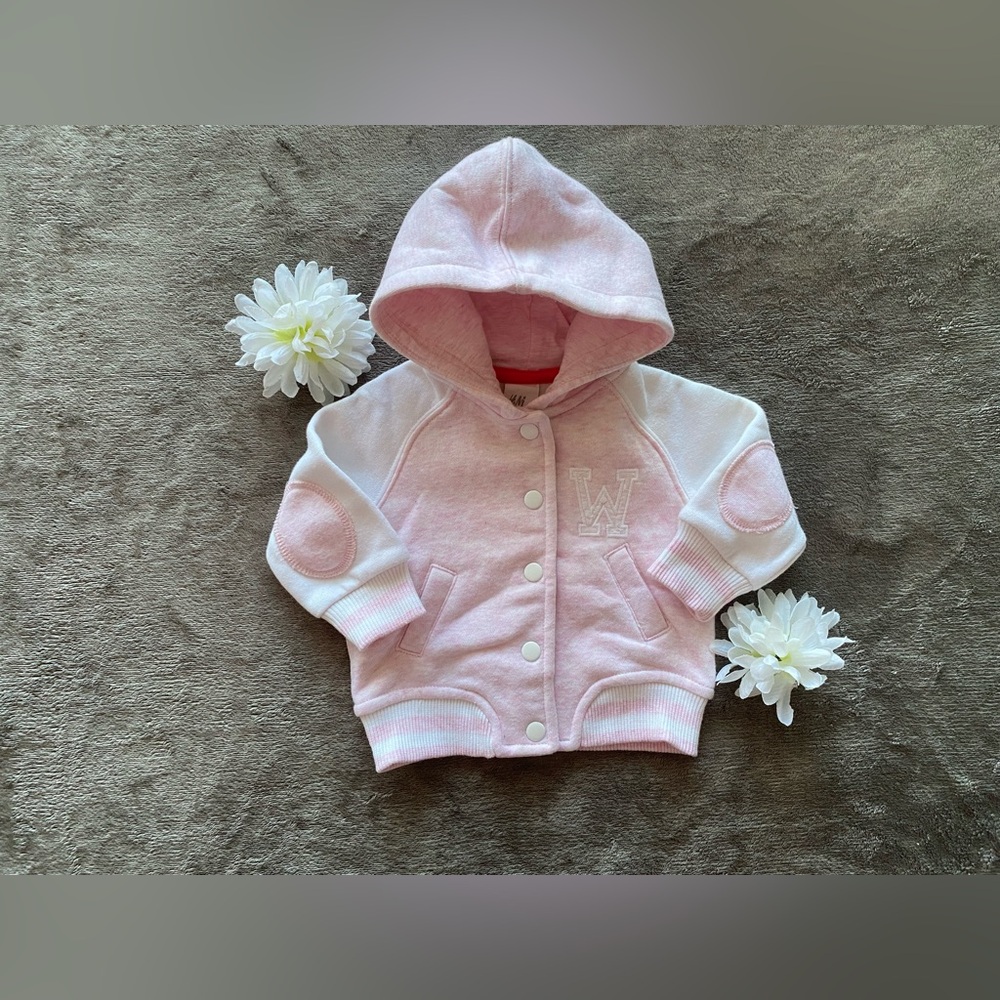 Archive Vintage Style H&M Baby Hooded Letterman Jacket - Pink/White NWOT 2-4 MOS